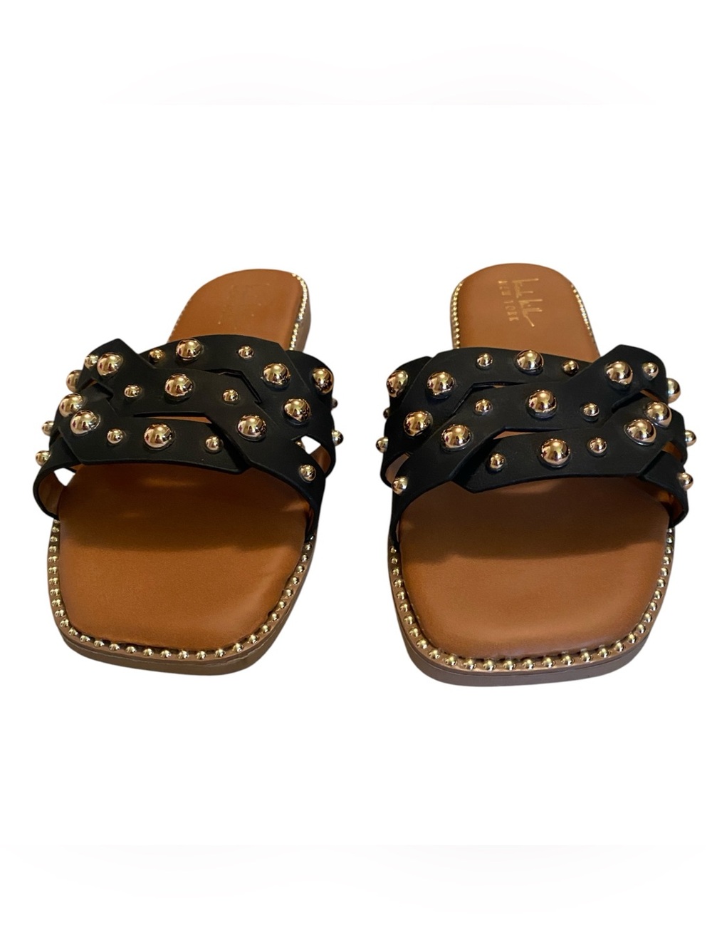 Nicole Miller New York Black Slide Sandals with Gold Studs - Picture 4 of 6